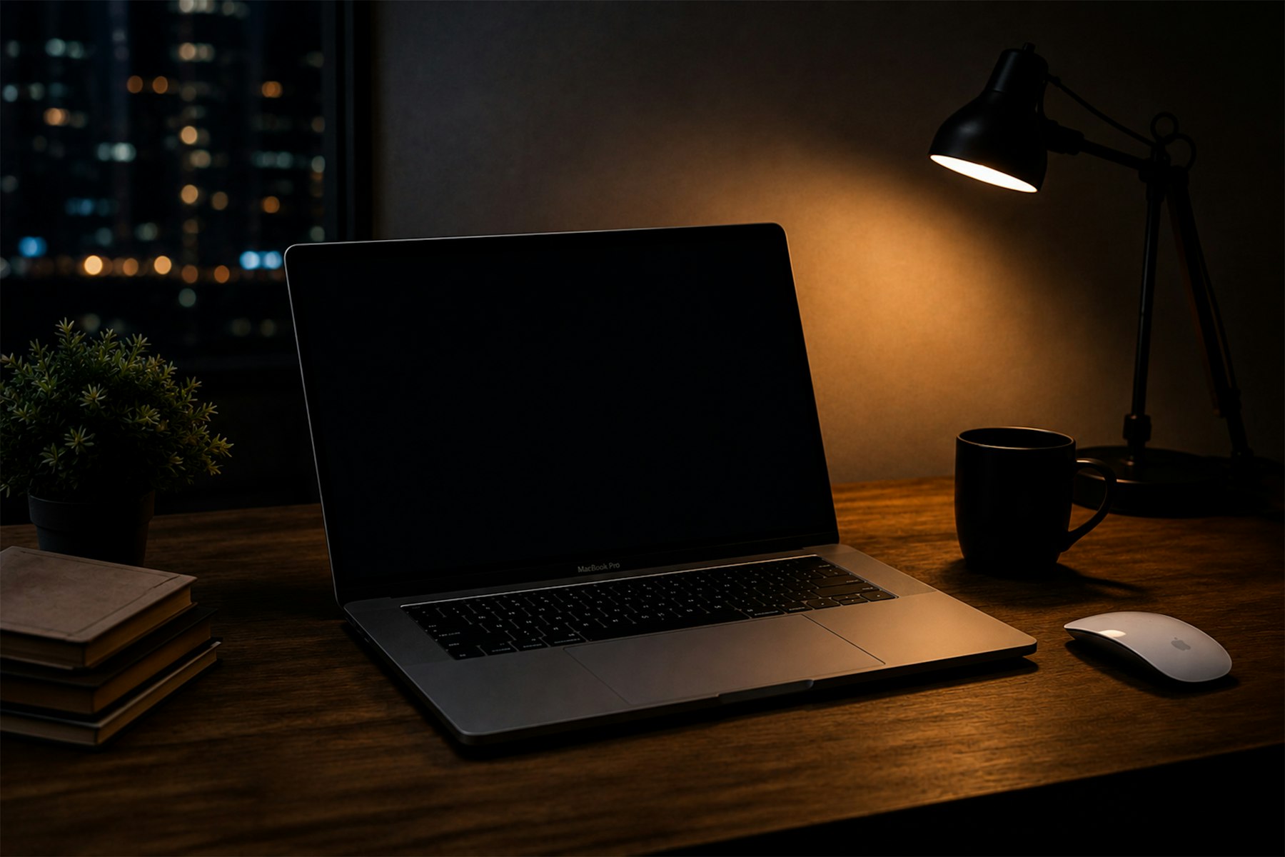 A laptop on a wooden desk at night under a lamp, city lights in the window behind it