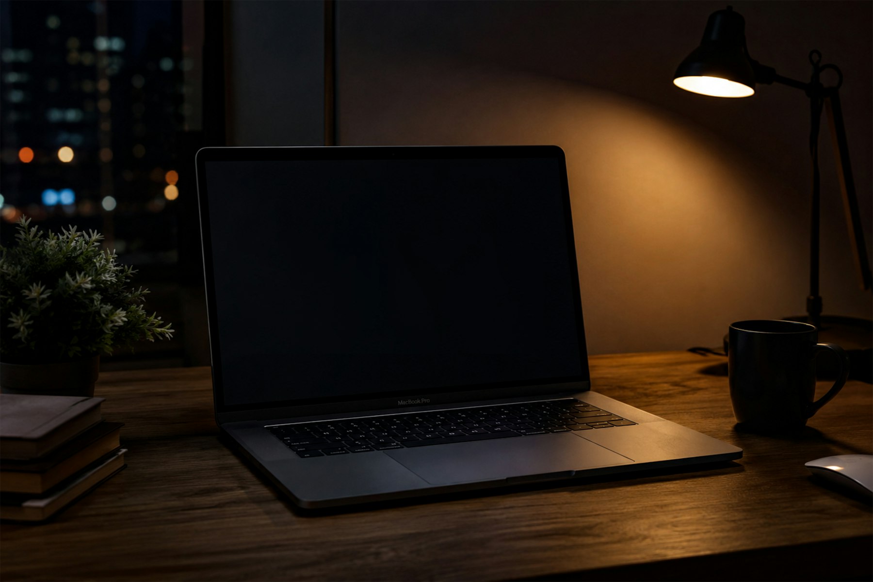 A laptop and a desk lamp on a wooden desk at night