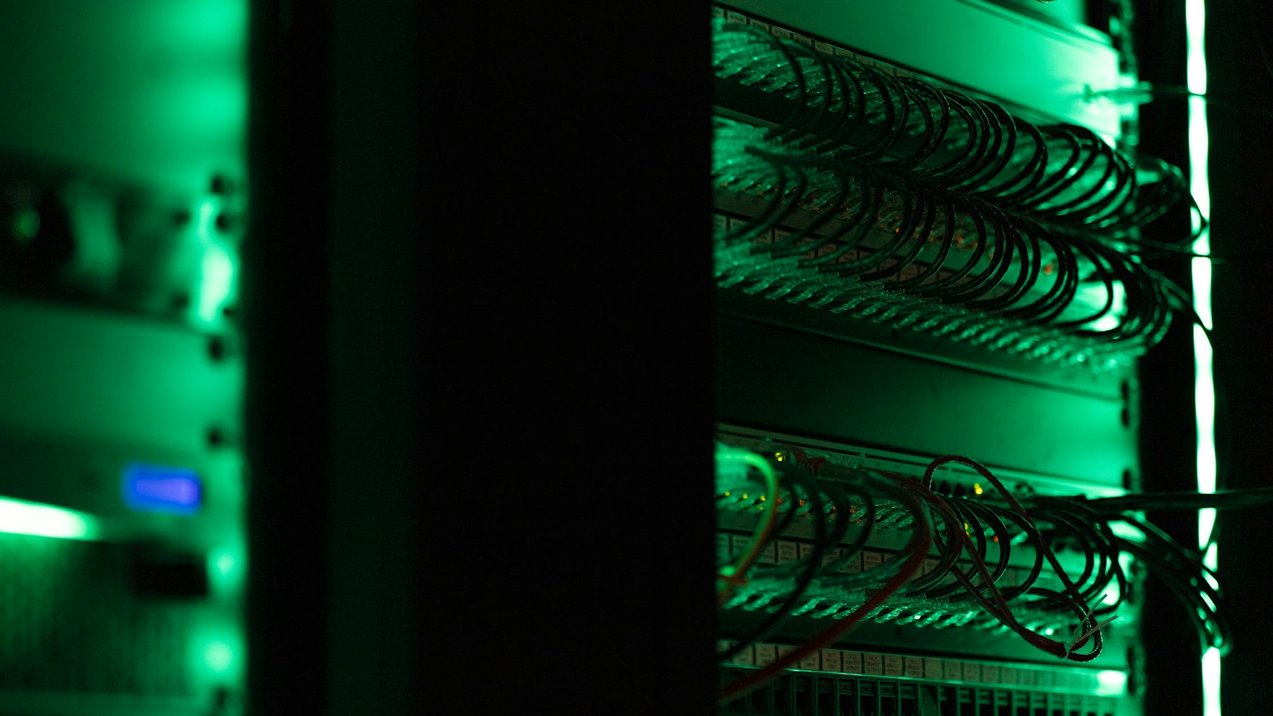 Cabled network equipment in a rack lit green